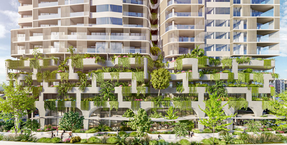 Architectural rendering of 11 Higgs Street, Albion residential development showing cascading podium vegetation