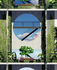 Architectural rendering of a sky lounge in one of eight three story sky-villages