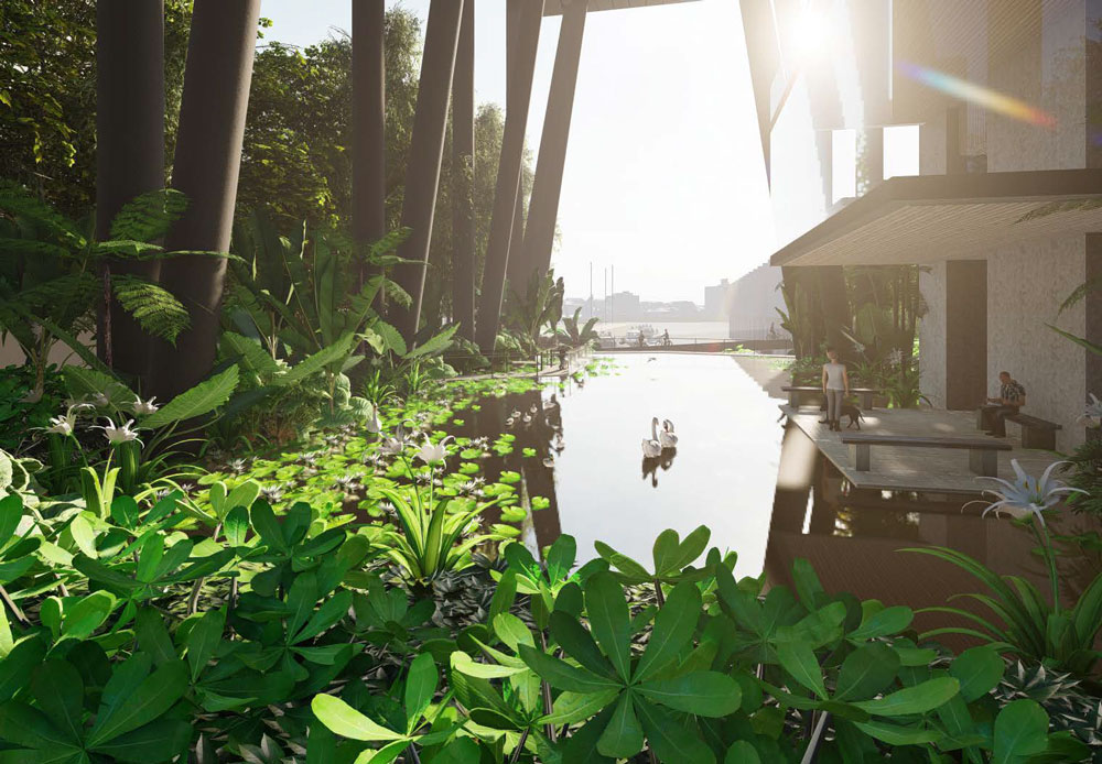 Architectural rendering of the proposed Dry Dock wetland style gardens