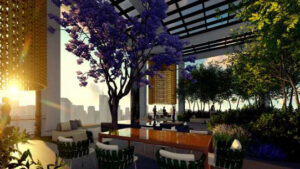 Architectural rendering of the rooftop communal area