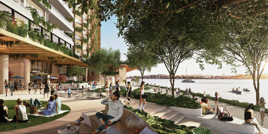 Architectural rendering of Kokoda Property's new Teneriffe riverside development showing new riverside plaza