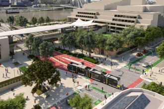 Rendering of the Brisbane Metro at Cultural Centre Station. Source: Brisbane City Council