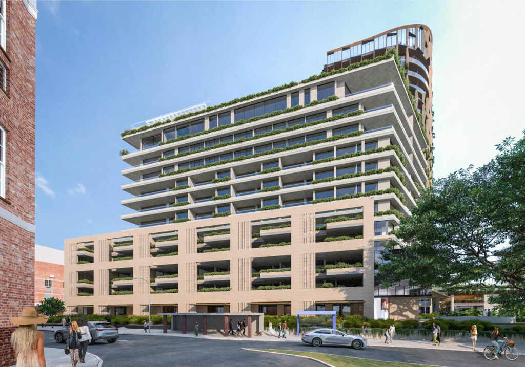 Architectural rendering of Kokoda Property's new Teneriffe riverside development showing Commercial Road City Glider Stop 