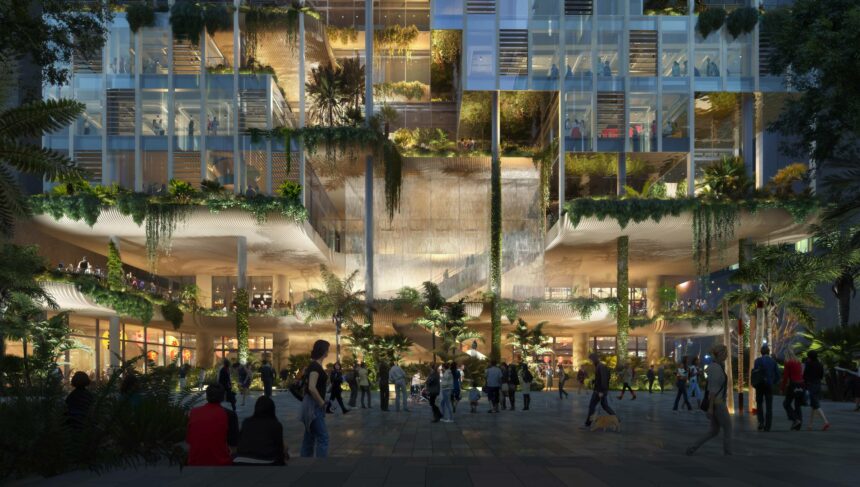 Architectural rendering of the podium plaza of QIC's proposed 'Rainforest Tower'