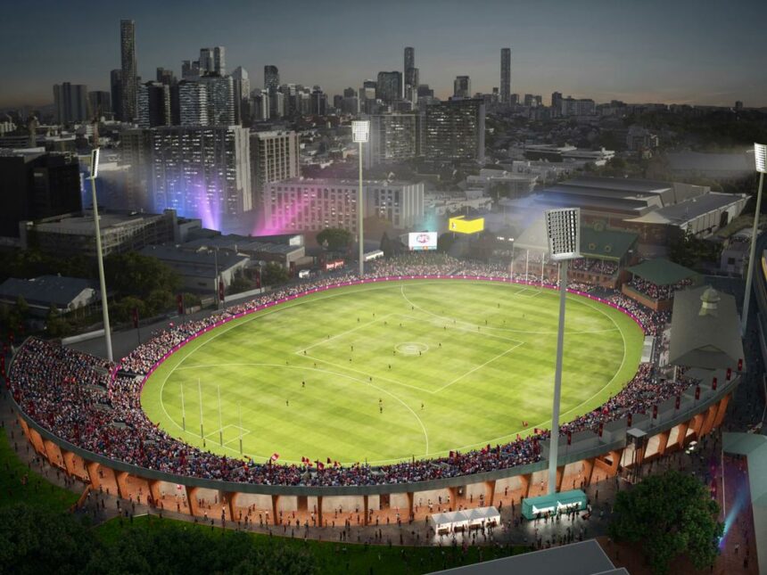 Architectural rendering of an upgraded RNA Showgrounds Stadium to 20,000 seats