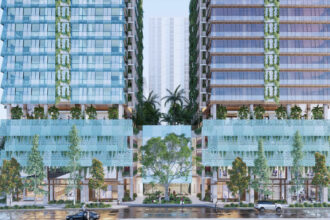 Architectural rendering of the proposed BTR & BTS towers at 801 Ann Street, Fortitude Valley