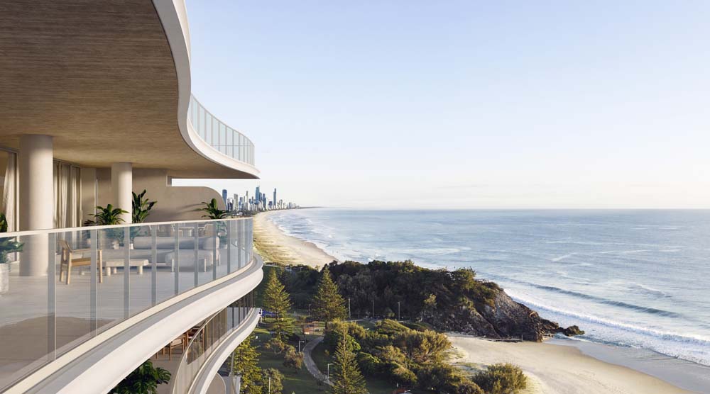 Architectural rendering of Burly Residences on the Gold Coast showing a balcony view
