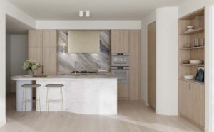 Architectural rendering of Burly Residences on the Gold Coast showing a kitchen view