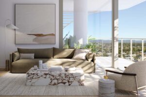 Architectural rendering of Burly Residences on the Gold Coast showing a living room view