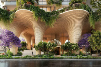 Architectural rendering of Aria's updated 'Urban Forest' development showing the ground floor open space