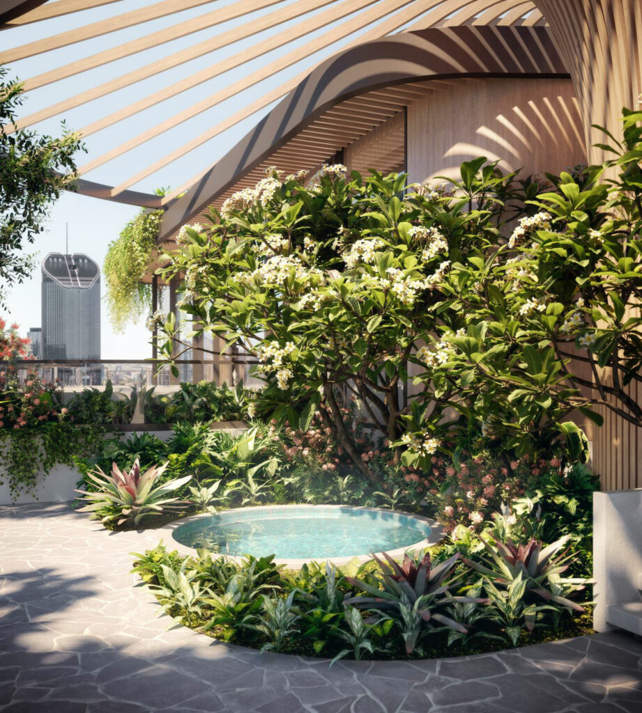 Architectural rendering of Aria's updated 'Urban Forest' development showing the rooftop recreational amenities