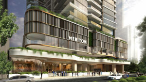 Architectural rendering of Meriton's 204 Alice Street, Brisbane City showing the podium levels
