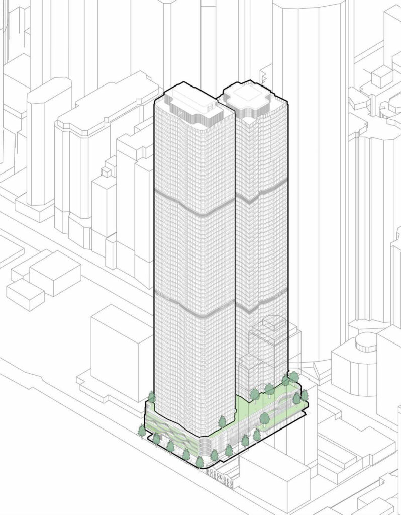 Massing diagram of Meriton's proposed skyscrapers at 204 Alice Street