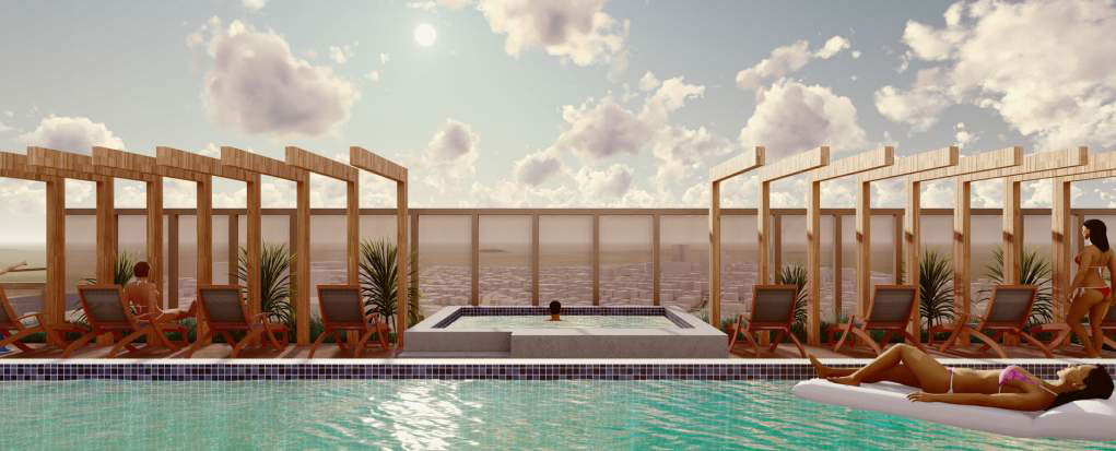 Architectural rendering of Stockwell's proposed development at 175 Melbourne Street, South Brisbane showing the rooftop pool