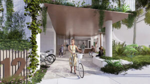 Architectural rendering of the ground level of Fortis' proposed 12 Kyabra St, Newstead