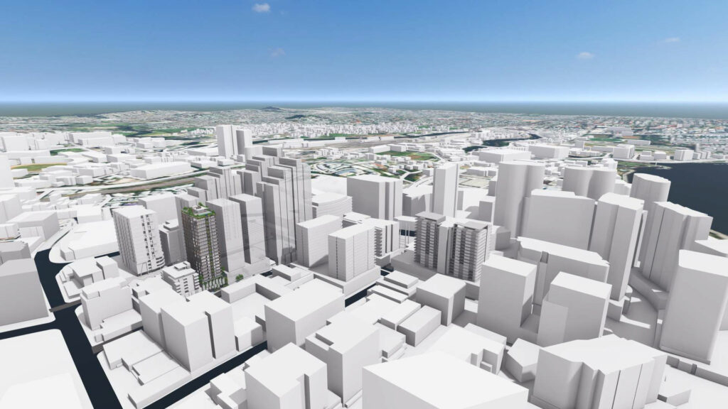 Architectural rendering of Fortis' proposed 12 Kyabra St within the context of the growing Newstead skyline