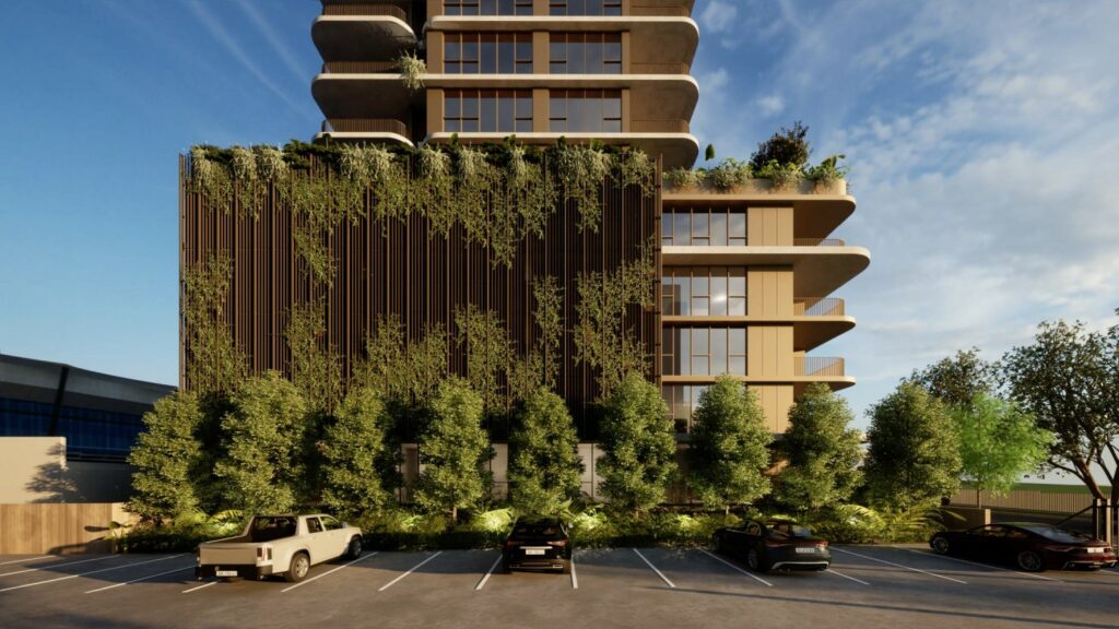 Architectural rendering of the podium of the proposed 73 – 83 Linton Street, Kangaroo Point development