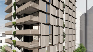 Architectural rendering of the facade of Fortis' proposed 12 Kyabra St, Newstead