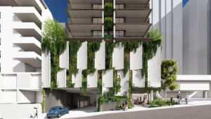 Architectural rendering of the podium of Fortis' proposed 12 Kyabra St, Newstead