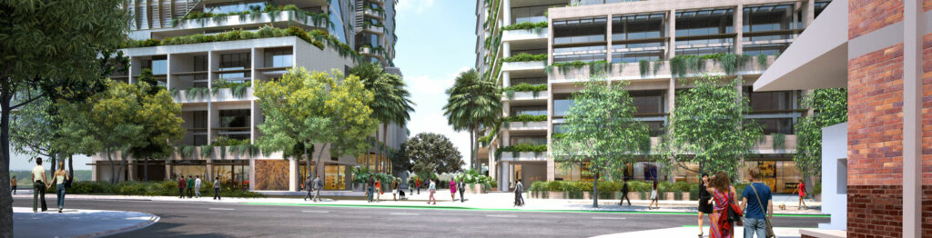 Architectural rendering of Kokoda's Riverside Sands development in Teneriffe showing the development from Skyring Tce