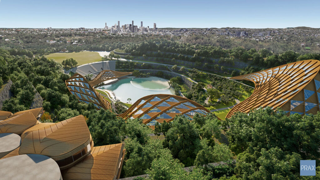 Architectural rendering of PRAX Studio's vision for Mt Coot-Tha Quarry