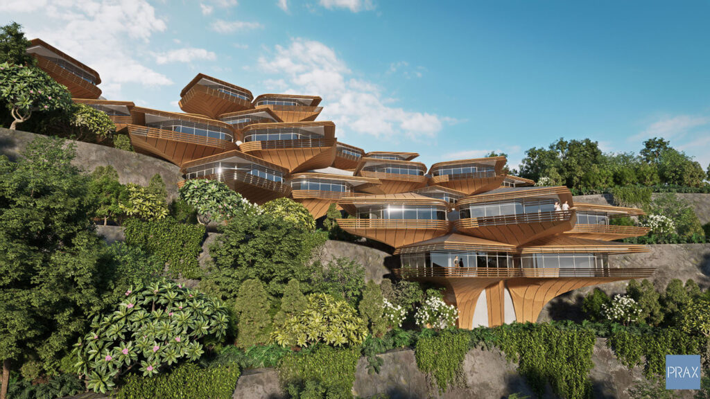 Architectural rendering of PRAX Studio's vision for Mt Coot-Tha Quarry showing the eco resort