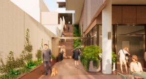 Architectural rendering of the proposed 25 Fortescue St development showing the cross block link