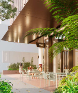 Architectural rendering of the proposed 25 Fortescue St development showing the ground floor retail 