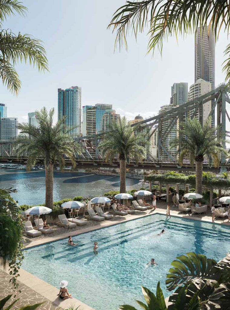 Architectural rendering of the hotel rooftop pool deck 