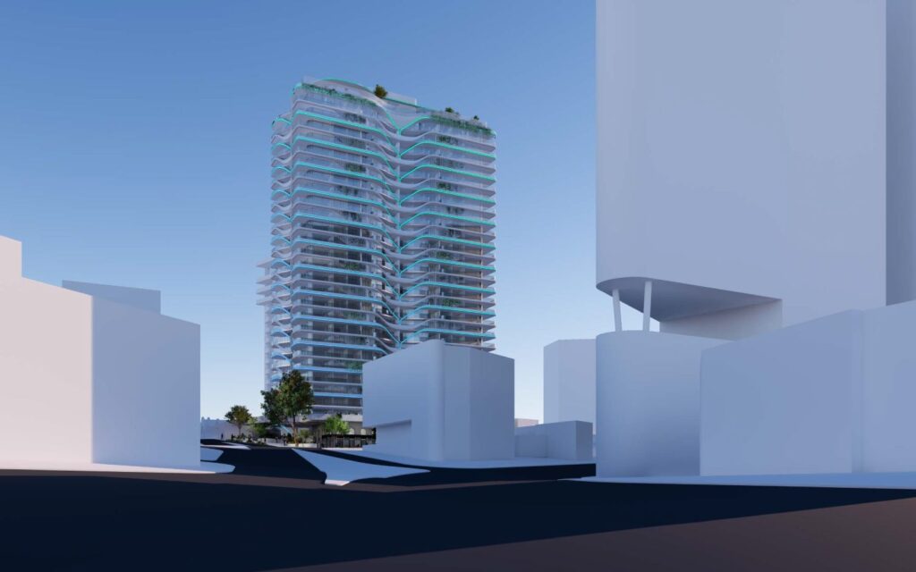 Architectural rendering of the proposed residential-led tower at 286 St Pauls Terrace, Fortitude Valley