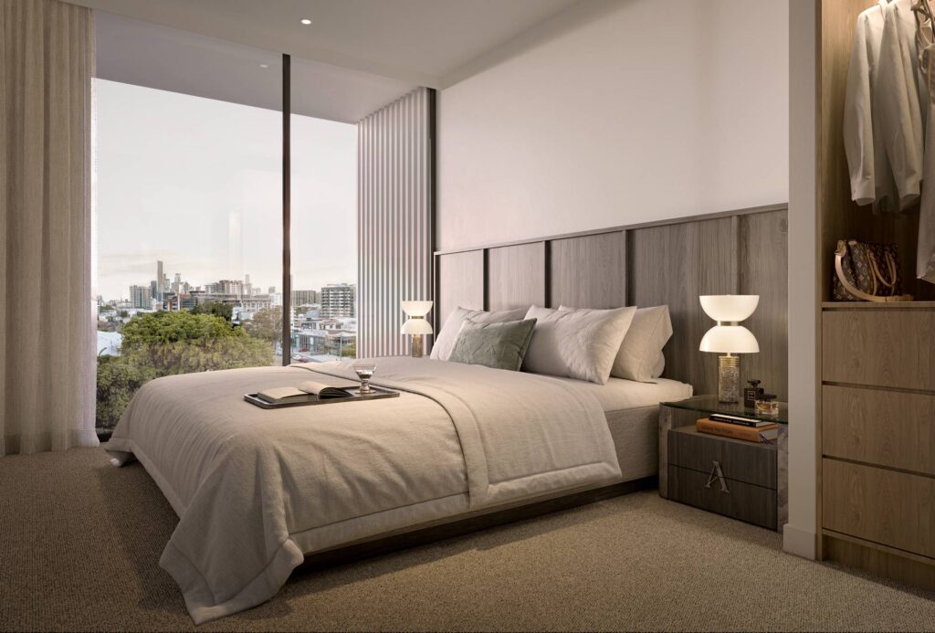 Architectural rendering of The Abbotsford, Bowen Hills development showing the bedroom