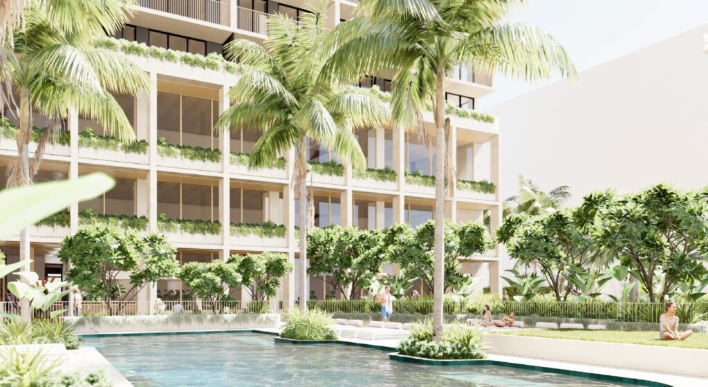 Architectural rendering of Pellicano's proposed residential BTR buildings at 332-334 Water St, Fortitude Valley showing the pool area