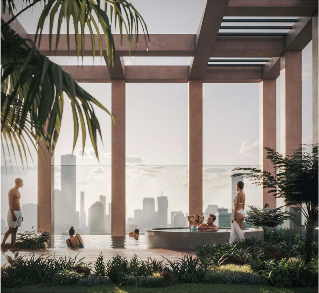 Architectural rendering of Aria's proposed 164 Melbourne St, South Brisbane showing the rooftop recreation deck