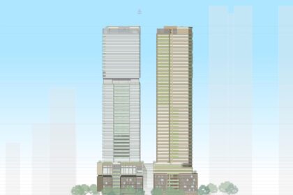 Architectural diagram of the proposed 50-storey towers at 14 & 19 Nott Street, South Brisbane